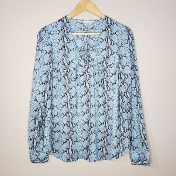 Rachel Roy Size 6 Long Sleeve Blue Snake Print Lace Up V-neck Top Tunic - Picture 2 of 10